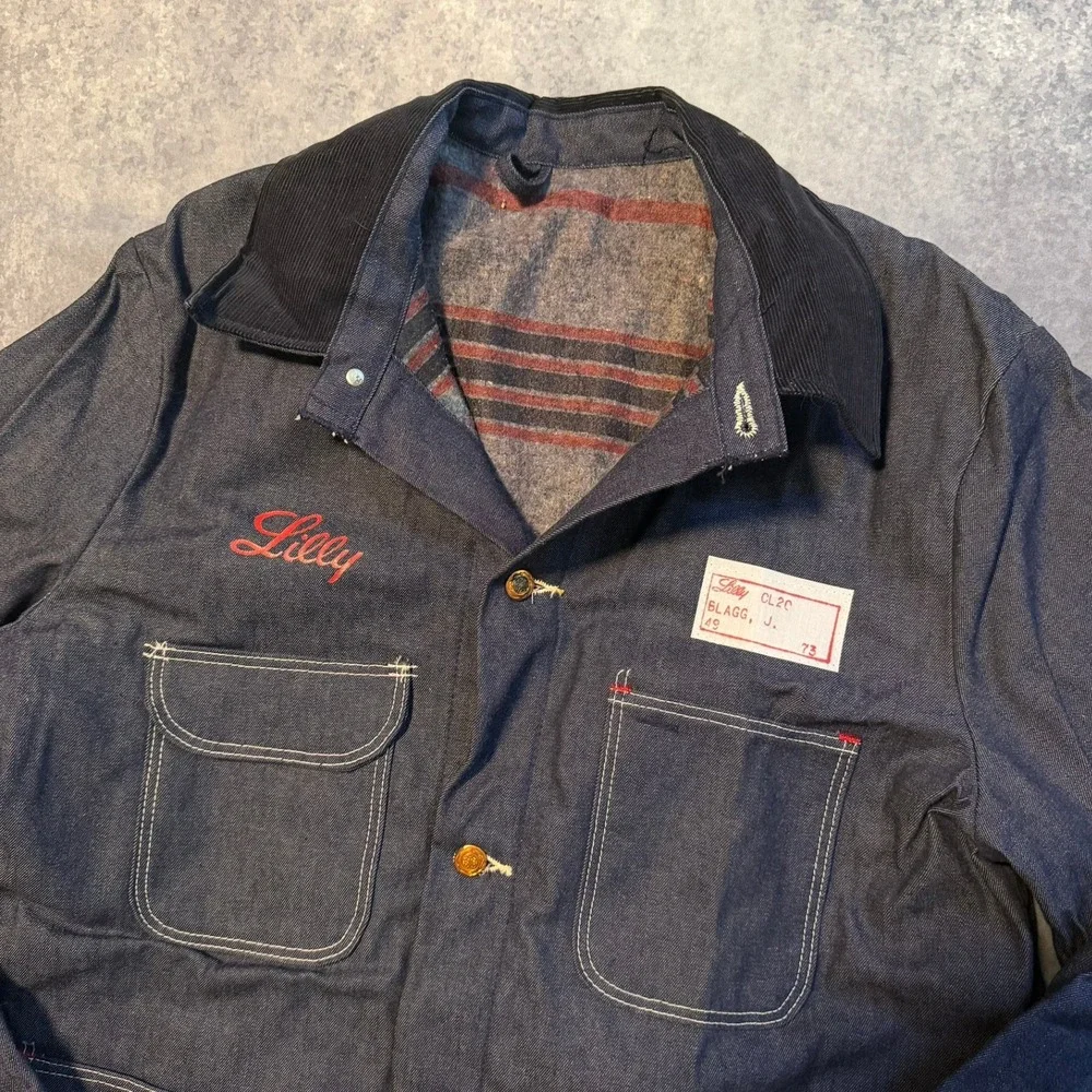 VTG 70s Wrangler Blue Bell Denim Chore Jacket Blanket Lined Size 44 Mint‎ Dark